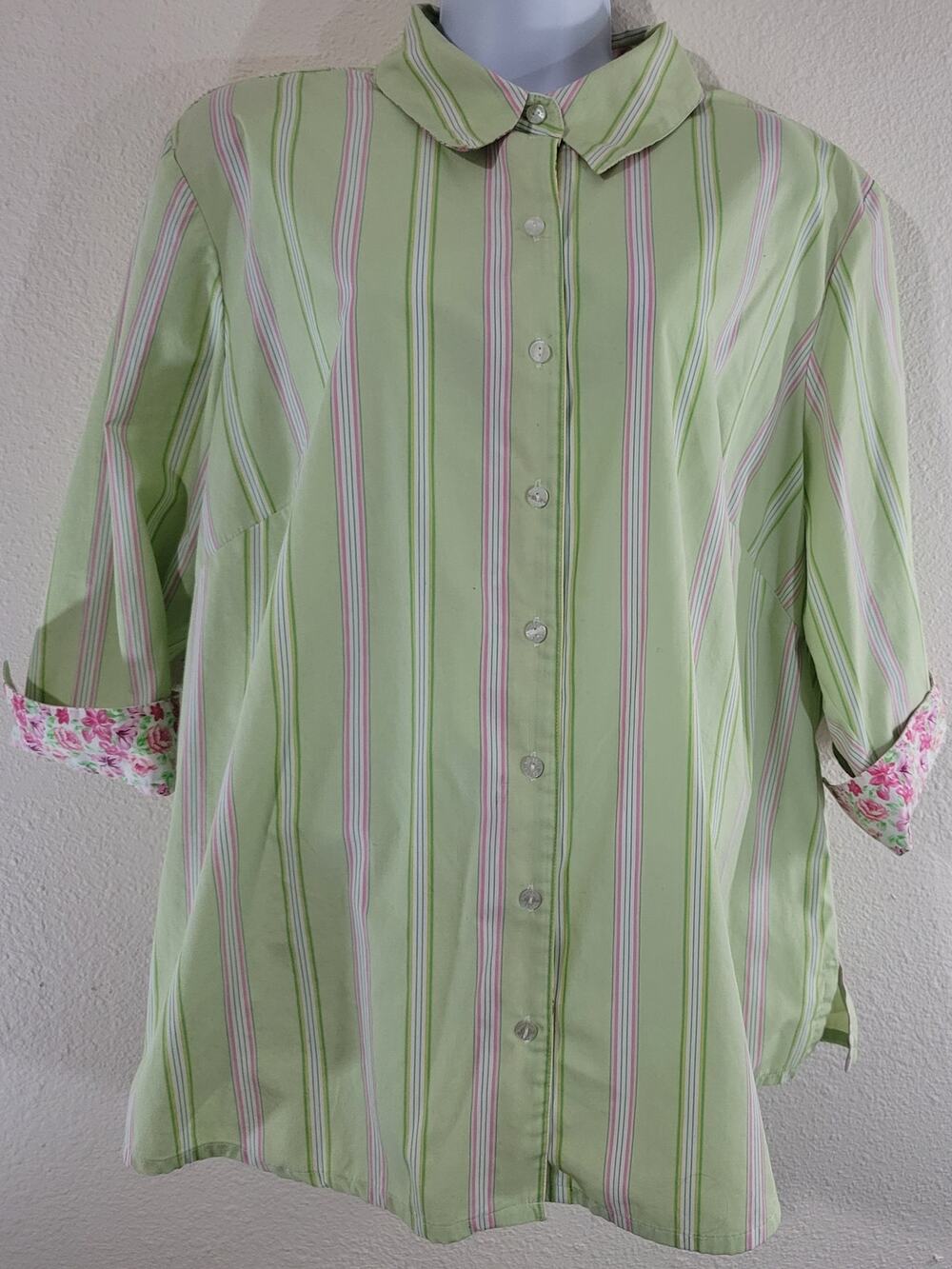 Allison Daley Green Pink Strip Button Up Top XXL 3/4 Sleeves Collard Lightweight